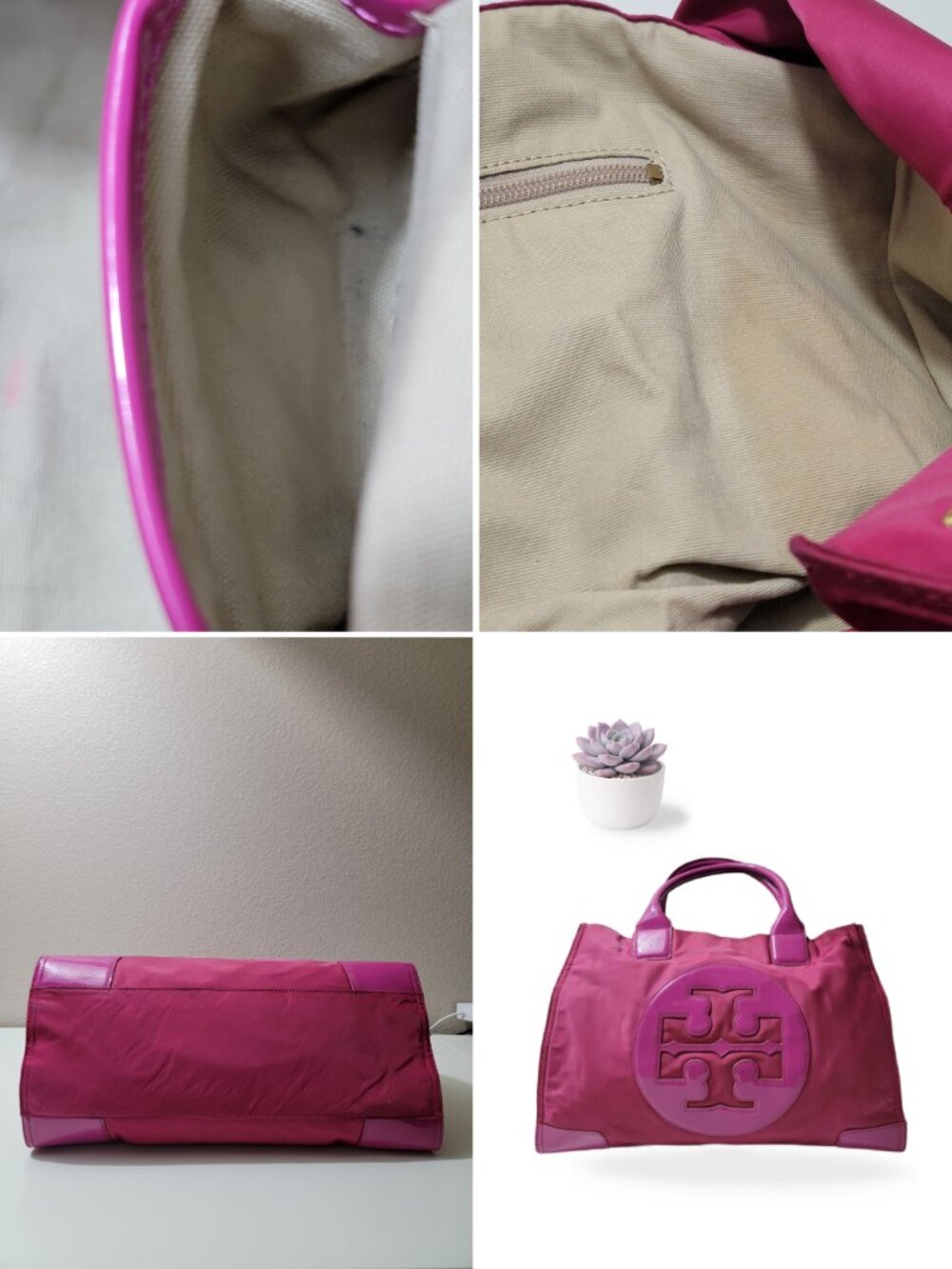 Tory Burch Ella Nylon Tote Bag Large Magenta Pink Patent Leather Shoulder Purse - Picture 14 of 14
